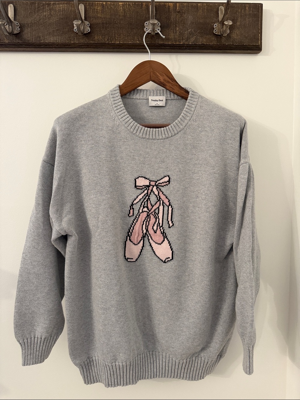 Sunday Best Gray Crewneck Sweater with Pink Ballet Slippers Motif